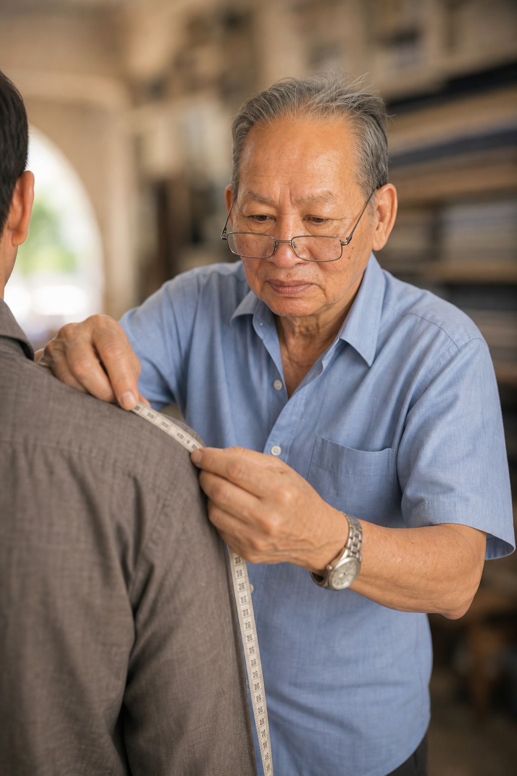 Methee laying a tape across a customer's shoulder at the workbench