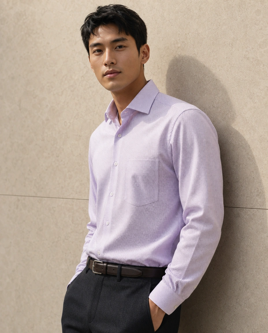 A model against a sunlit stone wall in a lilac long-sleeved shirt with a chest pocket and charcoal trousers