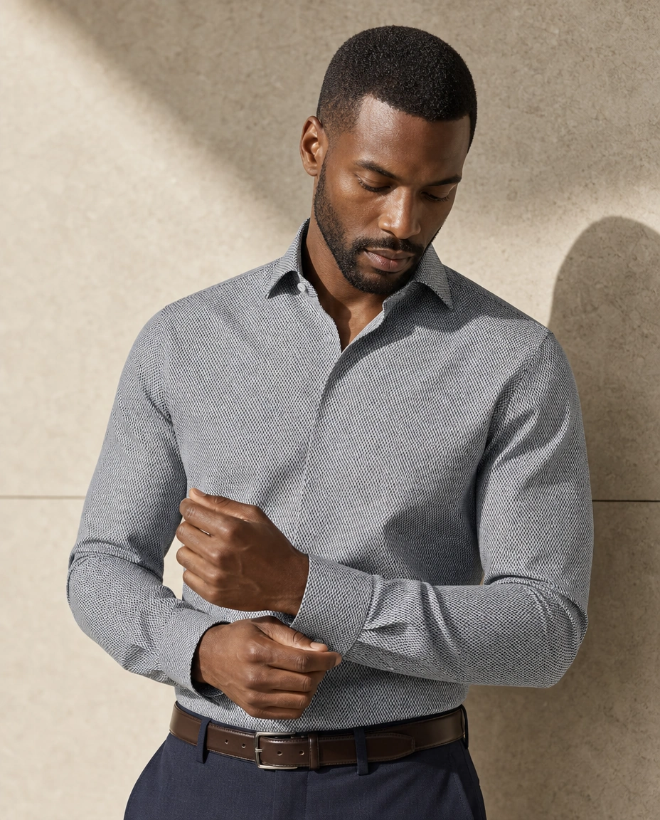 A model fastening a cuff against a sunlit stone wall in a grey long-sleeved shirt and ink navy trousers