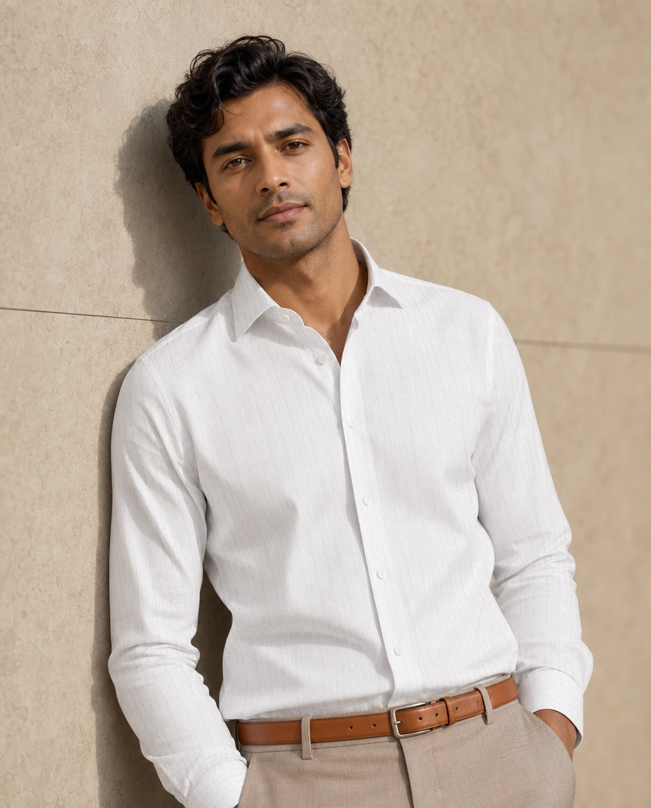 A model against a sunlit stone wall in a white long-sleeved shirt with a cutaway collar and sand trousers