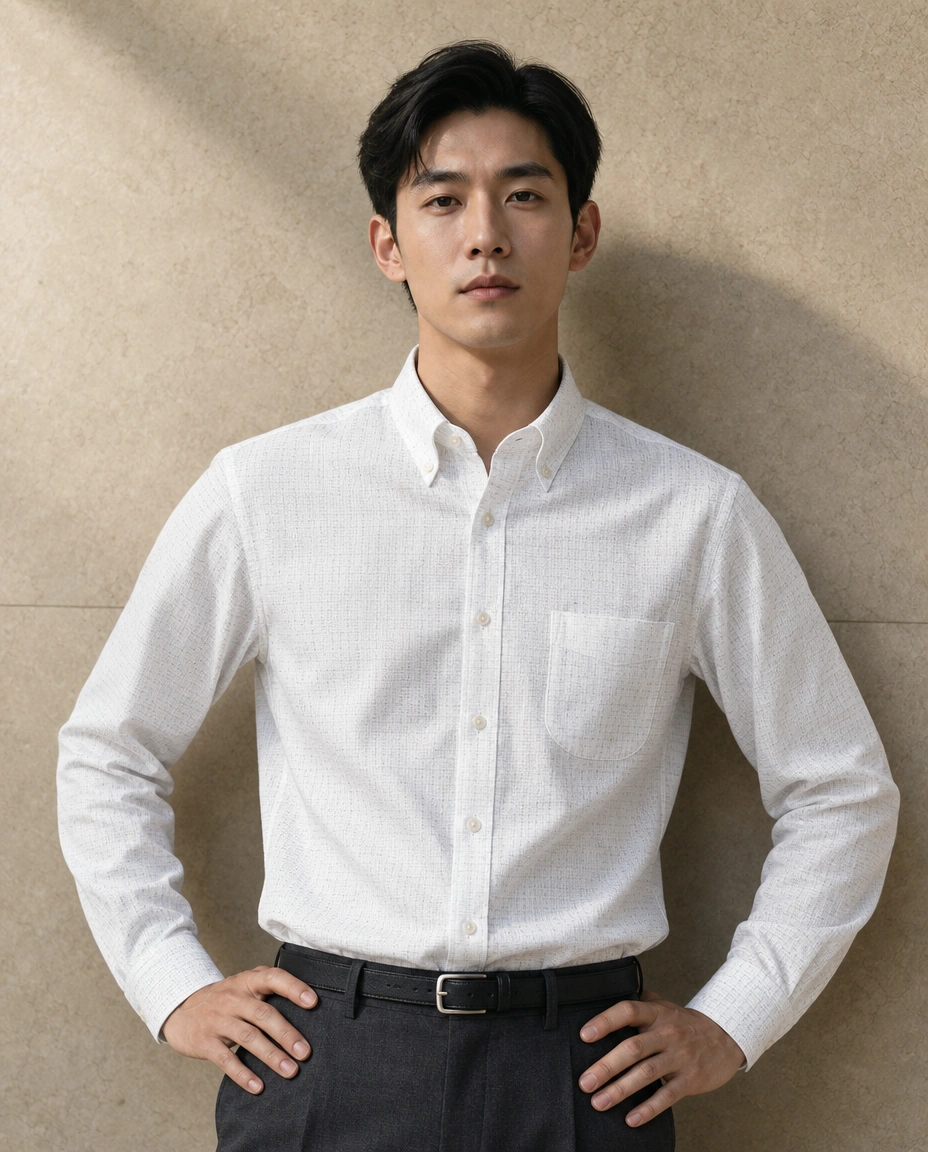 A model with hands on hips against a sunlit stone wall in a white long-sleeved button-down shirt and dark grey trousers