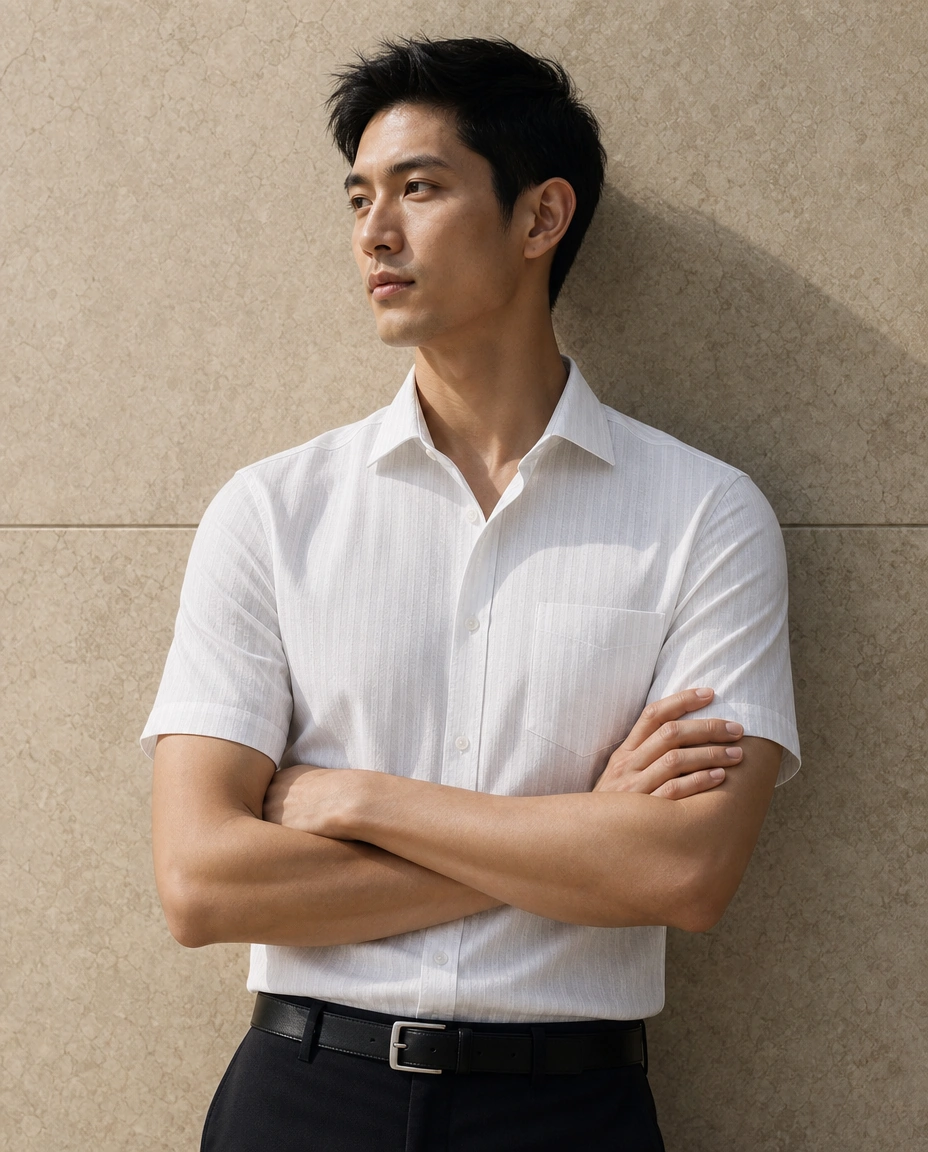 A model with folded arms against a sunlit stone wall in a white short-sleeved shirt with a chest pocket and black trousers
