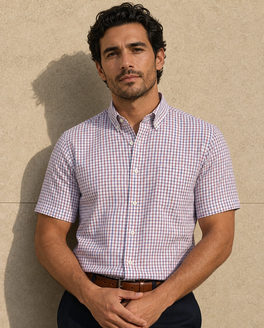 A model against a sunlit stone wall in a red and blue checked short-sleeved button-down shirt and midnight navy trousers