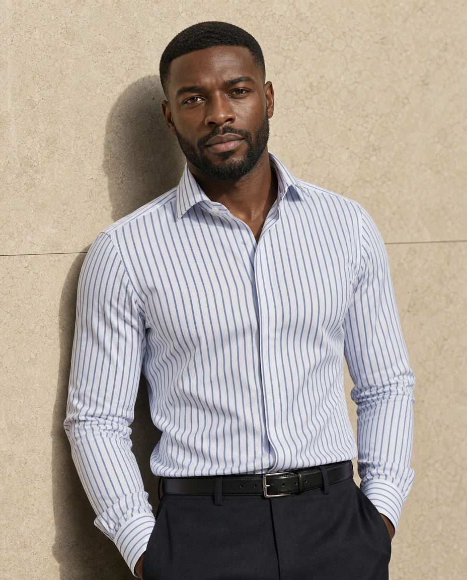 A model against a sunlit stone wall in a blue striped long-sleeved shirt and soft black trousers