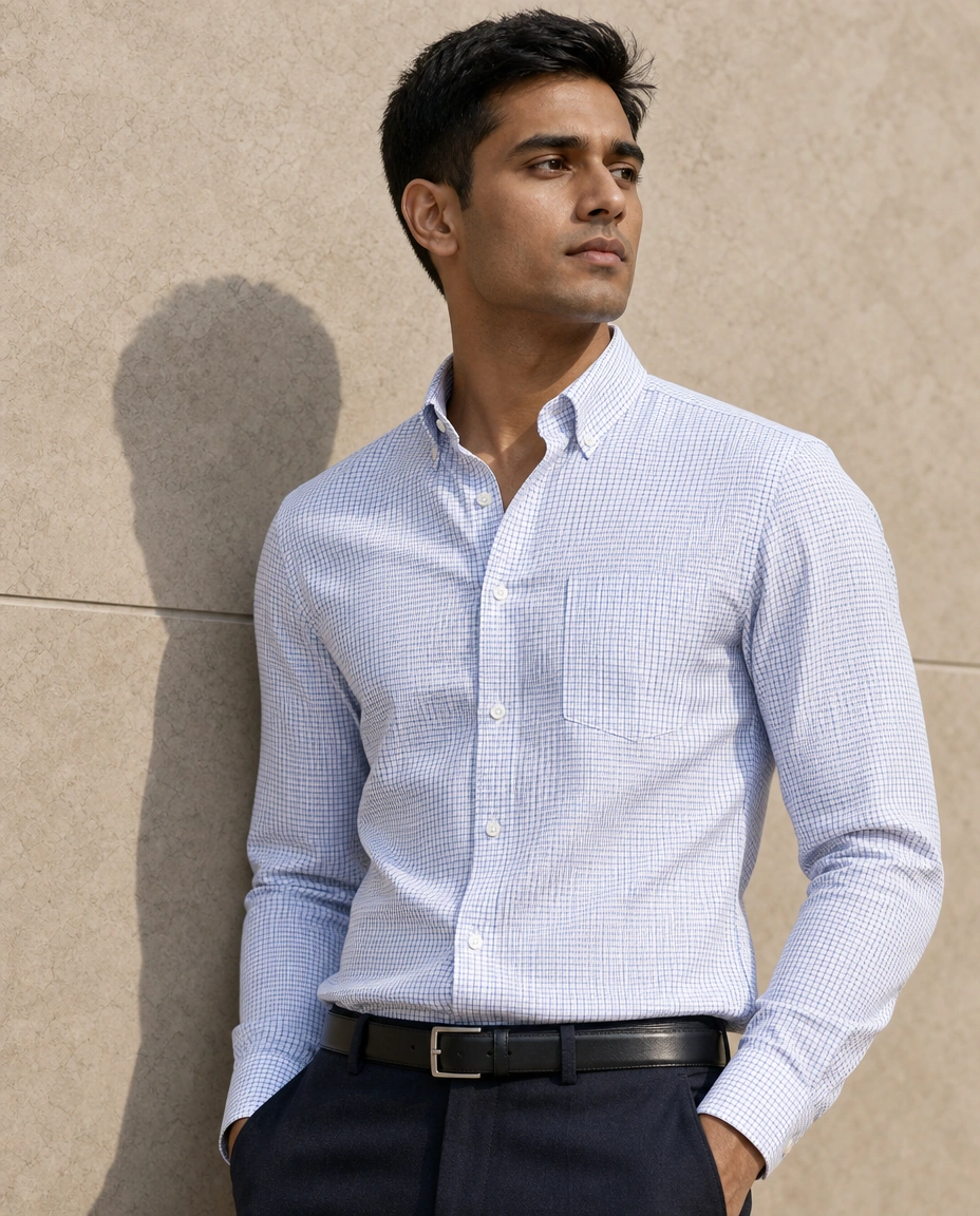 A model against a sunlit stone wall in a pale blue checked long-sleeved button-down shirt with a chest pocket and navy trousers