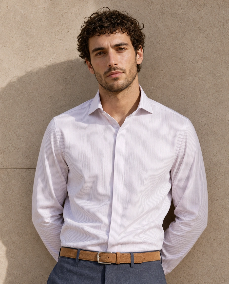 A model against a sunlit stone wall in a pale pink long-sleeved shirt with a hidden placket and airforce blue trousers