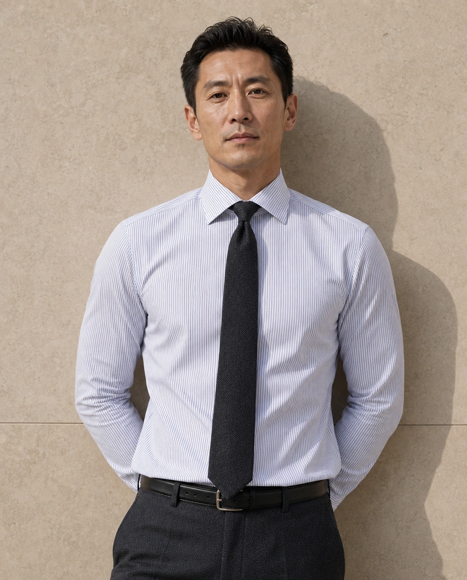 A model against a sunlit stone wall in a pale blue striped long-sleeved shirt with a hidden placket, a charcoal tie and charcoal trousers