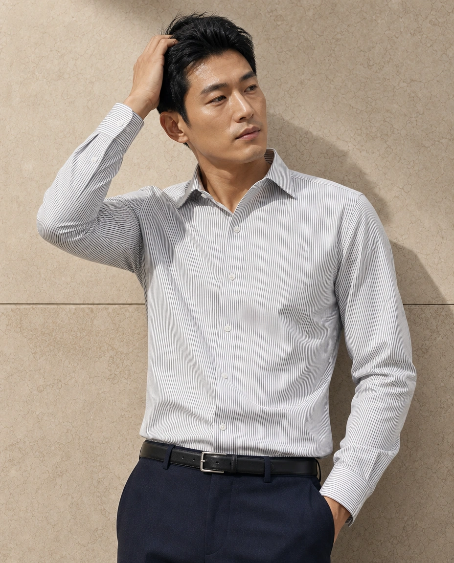 A model with a hand raised to the hair against a sunlit stone wall in a pale striped long-sleeved shirt and navy trousers