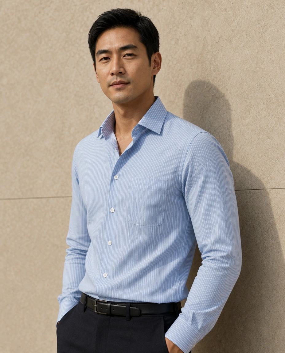A model against a sunlit stone wall in a pale blue striped long-sleeved shirt with a chest pocket and black trousers
