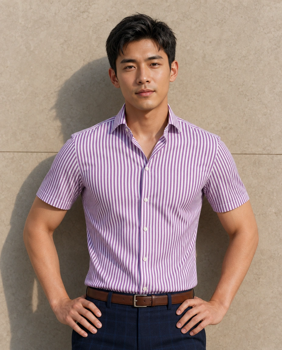 A model with hands on hips against a sunlit stone wall in a pink striped short-sleeved shirt and navy checked trousers