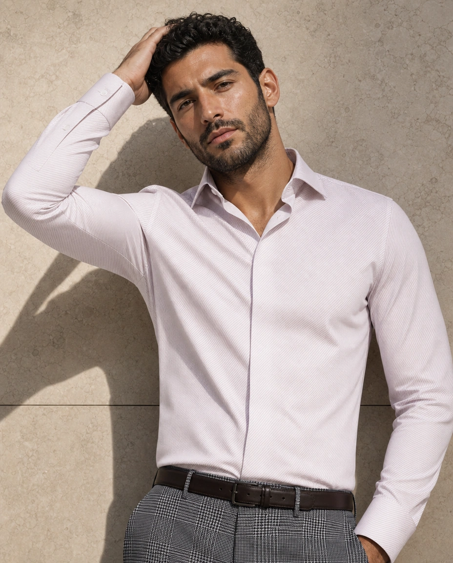 A model with a hand raised to the hair against a sunlit stone wall in a pale pink long-sleeved shirt and mid grey glen check trousers
