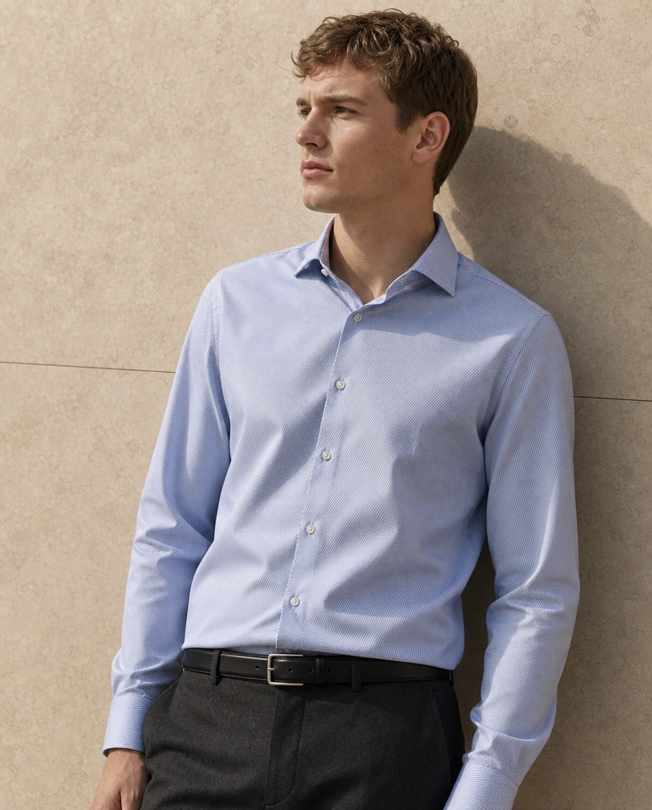 A model against a sunlit stone wall in a pale blue long-sleeved shirt and soft black trousers