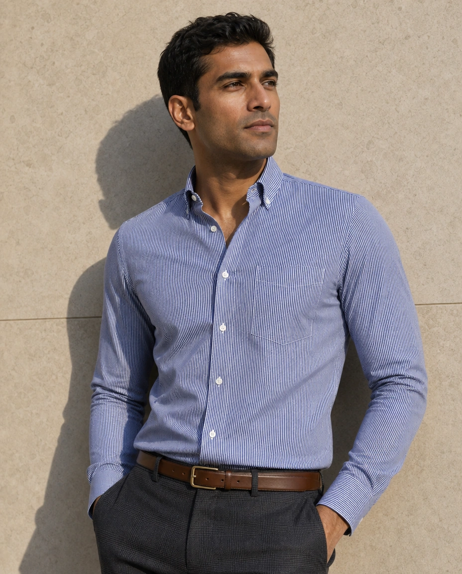 A model against a sunlit stone wall in a blue long-sleeved button-down shirt with a chest pocket and charcoal glen check trousers