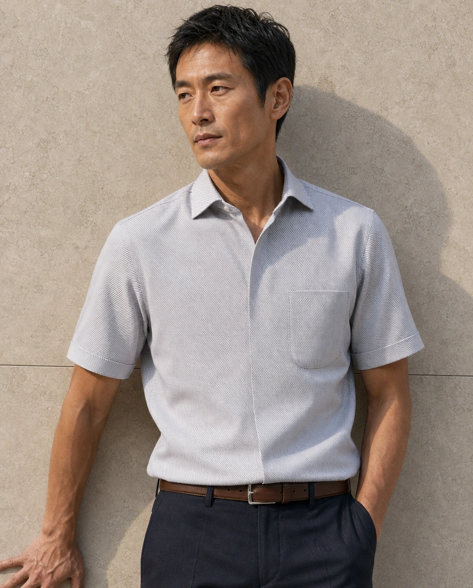 A model against a sunlit stone wall in a pale grey short-sleeved shirt with a chest pocket and navy trousers