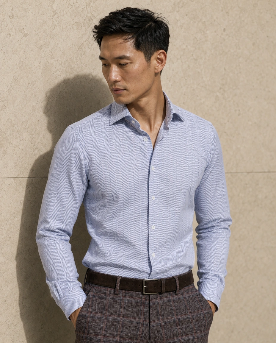 A model against a sunlit stone wall in a pale blue long-sleeved shirt and taupe checked trousers