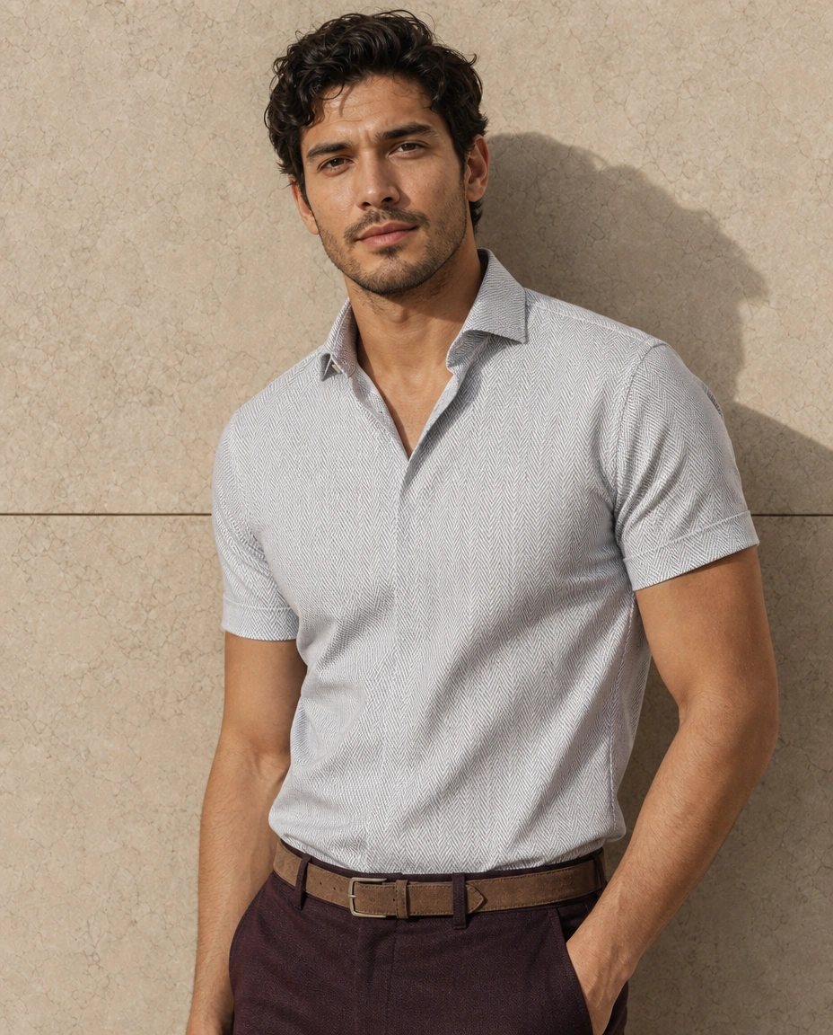 A model against a sunlit stone wall in a pale grey short-sleeved shirt and wine trousers
