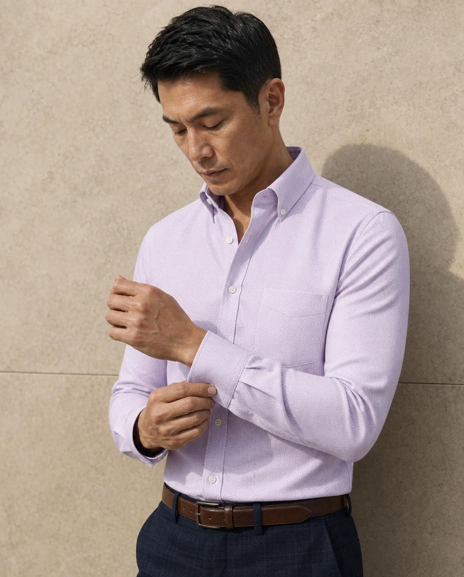 A model fastening a cuff against a sunlit stone wall in a lilac long-sleeved button-down shirt with a chest pocket and navy windowpane trousers