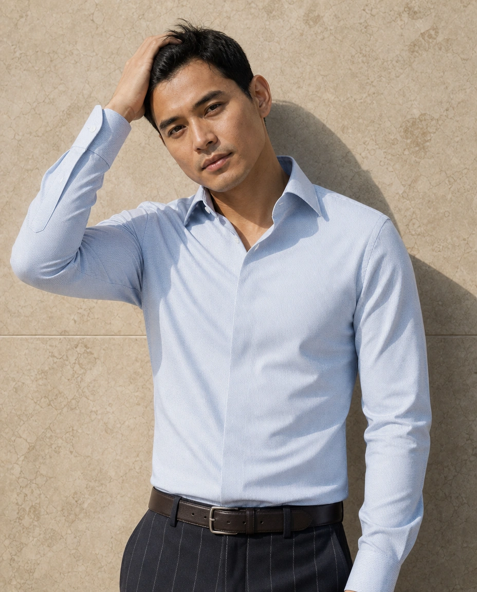 A model with a hand raised to the hair against a sunlit stone wall in a pale blue long-sleeved shirt and charcoal chalk stripe trousers