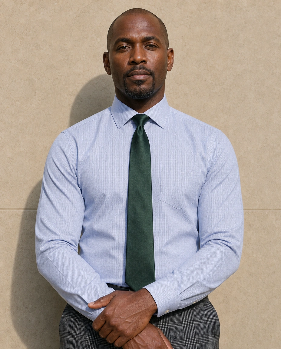 A model against a sunlit stone wall in a pale blue long-sleeved shirt with a chest pocket, a dark green tie and mid grey glen check trousers