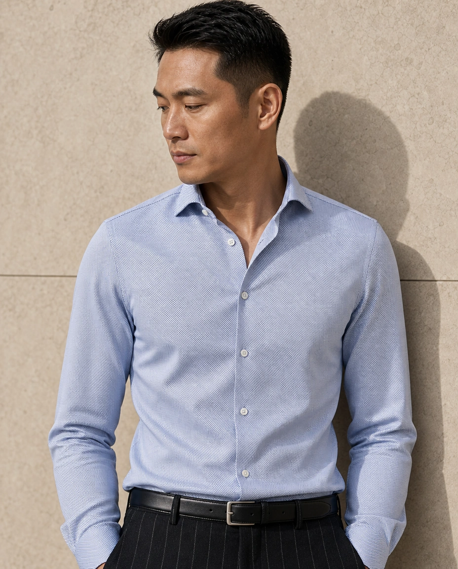 A model against a sunlit stone wall in a pale blue long-sleeved shirt and soft black pinstripe trousers
