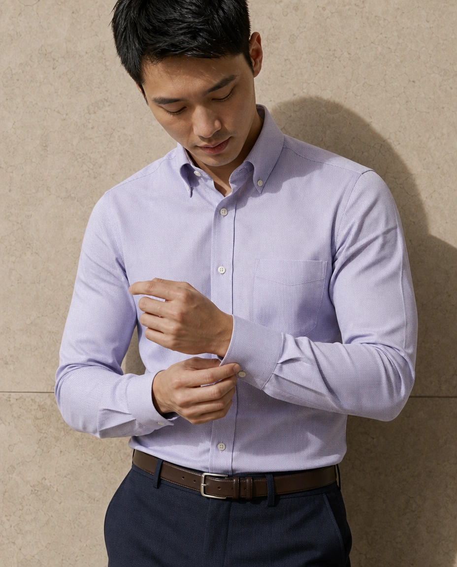 A model fastening a cuff against a sunlit stone wall in a lilac long-sleeved button-down shirt with a chest pocket and midnight navy checked trousers