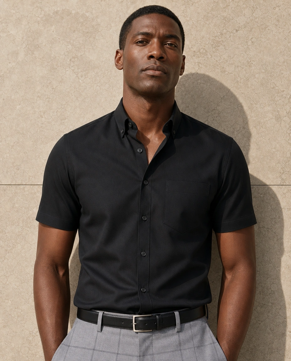 A model against a sunlit stone wall in a black short-sleeved button-down shirt with a chest pocket and light grey windowpane trousers