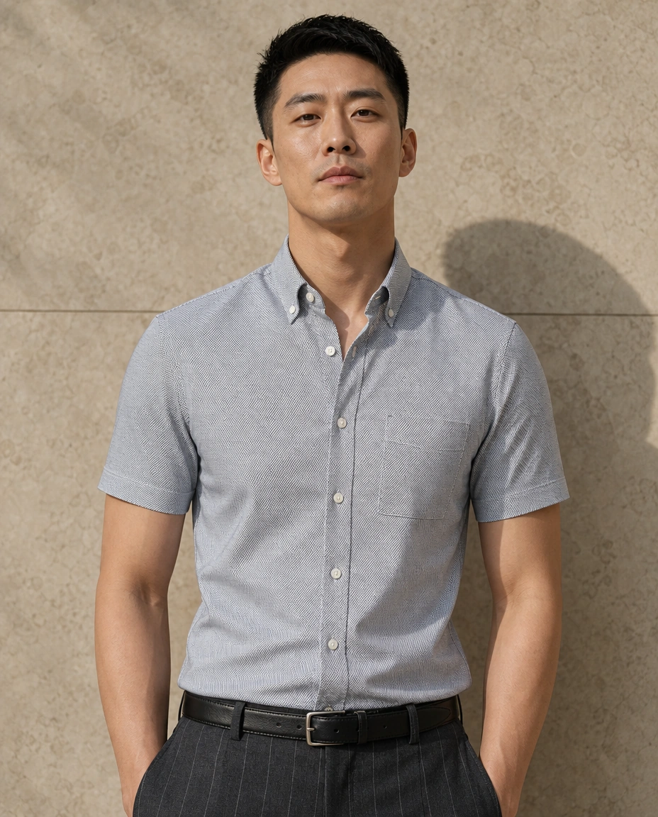 A model against a sunlit stone wall in a grey short-sleeved button-down shirt with a chest pocket and dark grey chalk stripe trousers