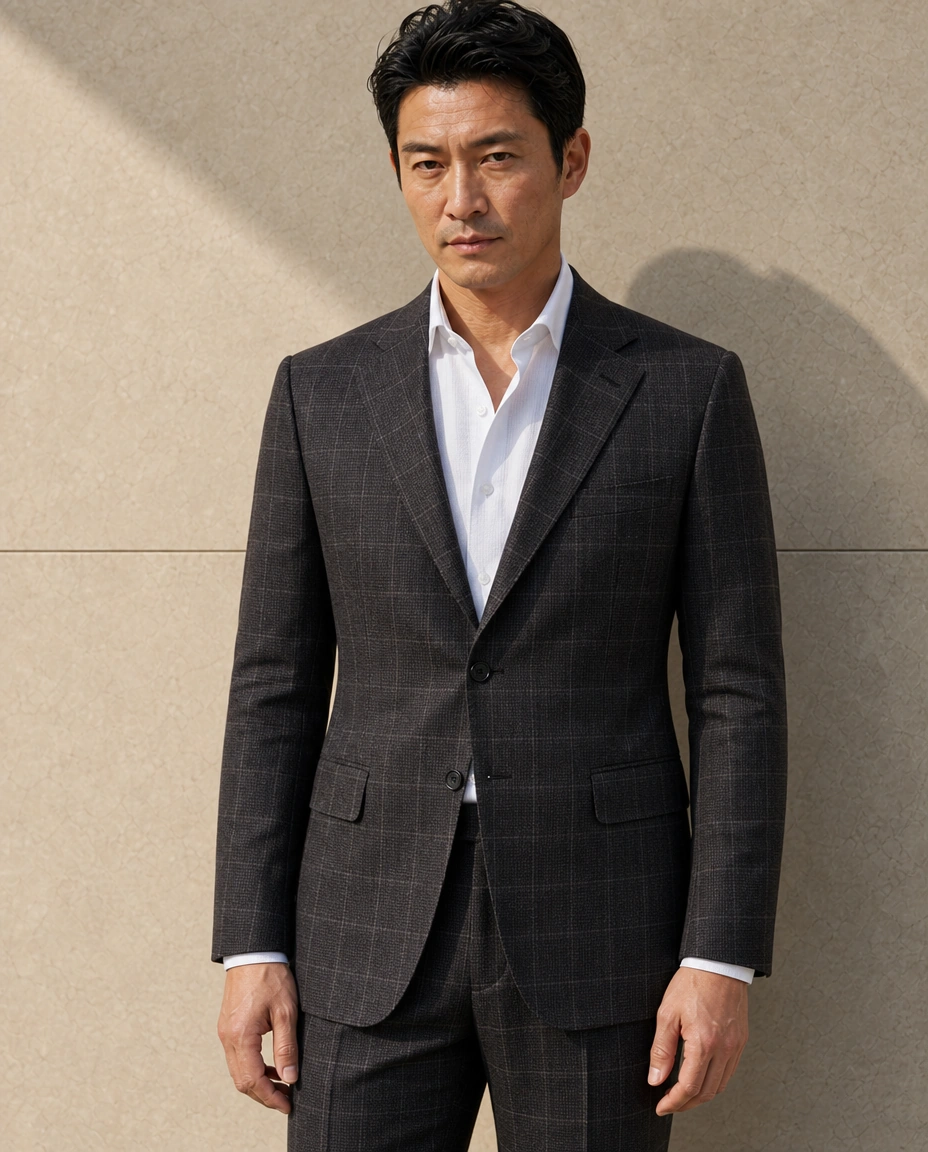 A model against a sunlit stone wall in a charcoal windowpane two-piece suit over an open-necked white shirt