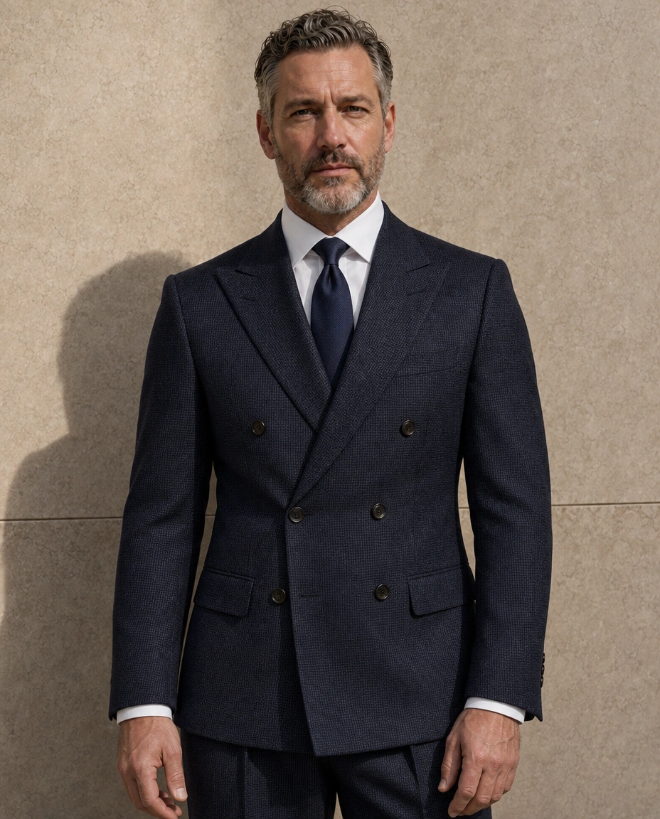 A model against a sunlit stone wall in a navy checked double-breasted two-piece suit, a white shirt and a navy tie