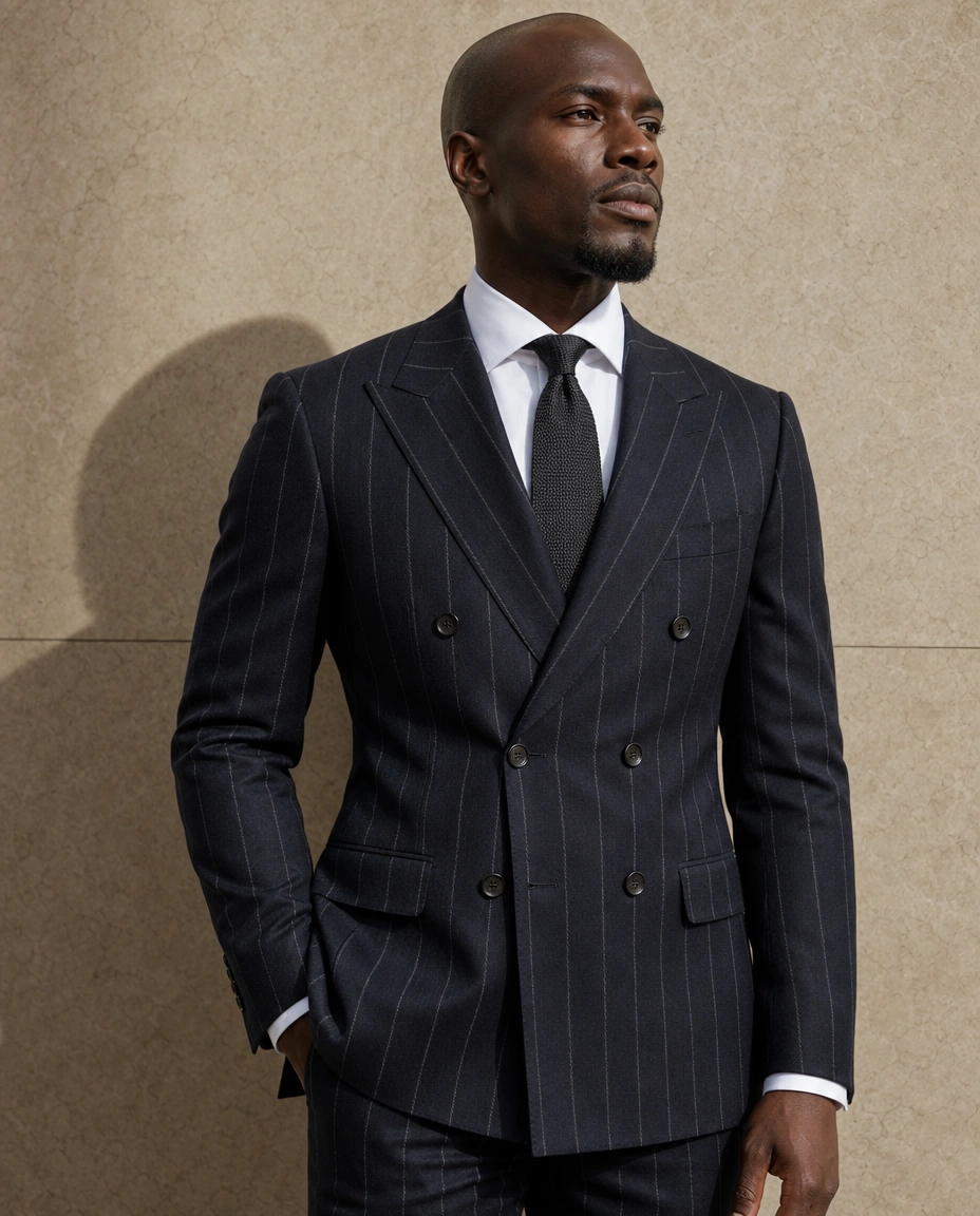 A model against a sunlit stone wall in a midnight navy pinstripe double-breasted two-piece suit, a white shirt and a black tie