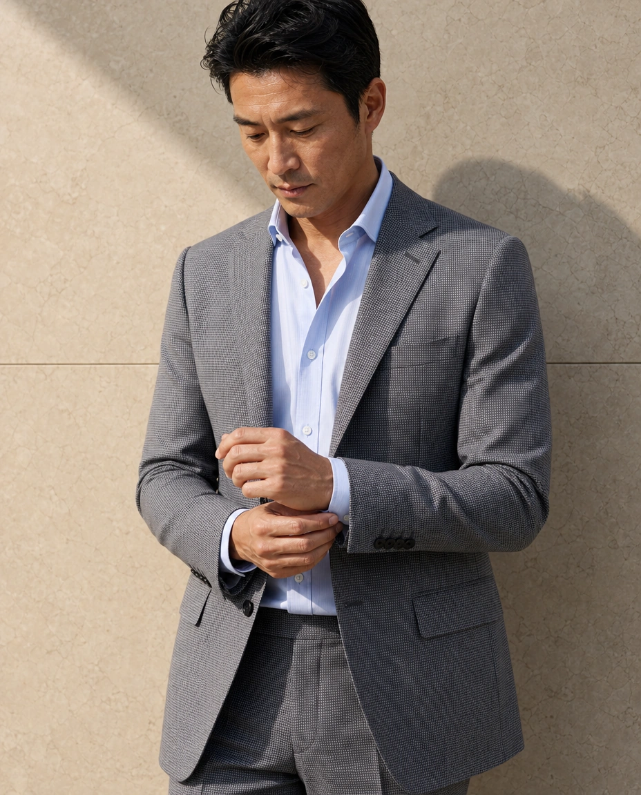 A model fastening a cuff against a sunlit stone wall in a light grey two-piece suit over an open-necked pale blue shirt