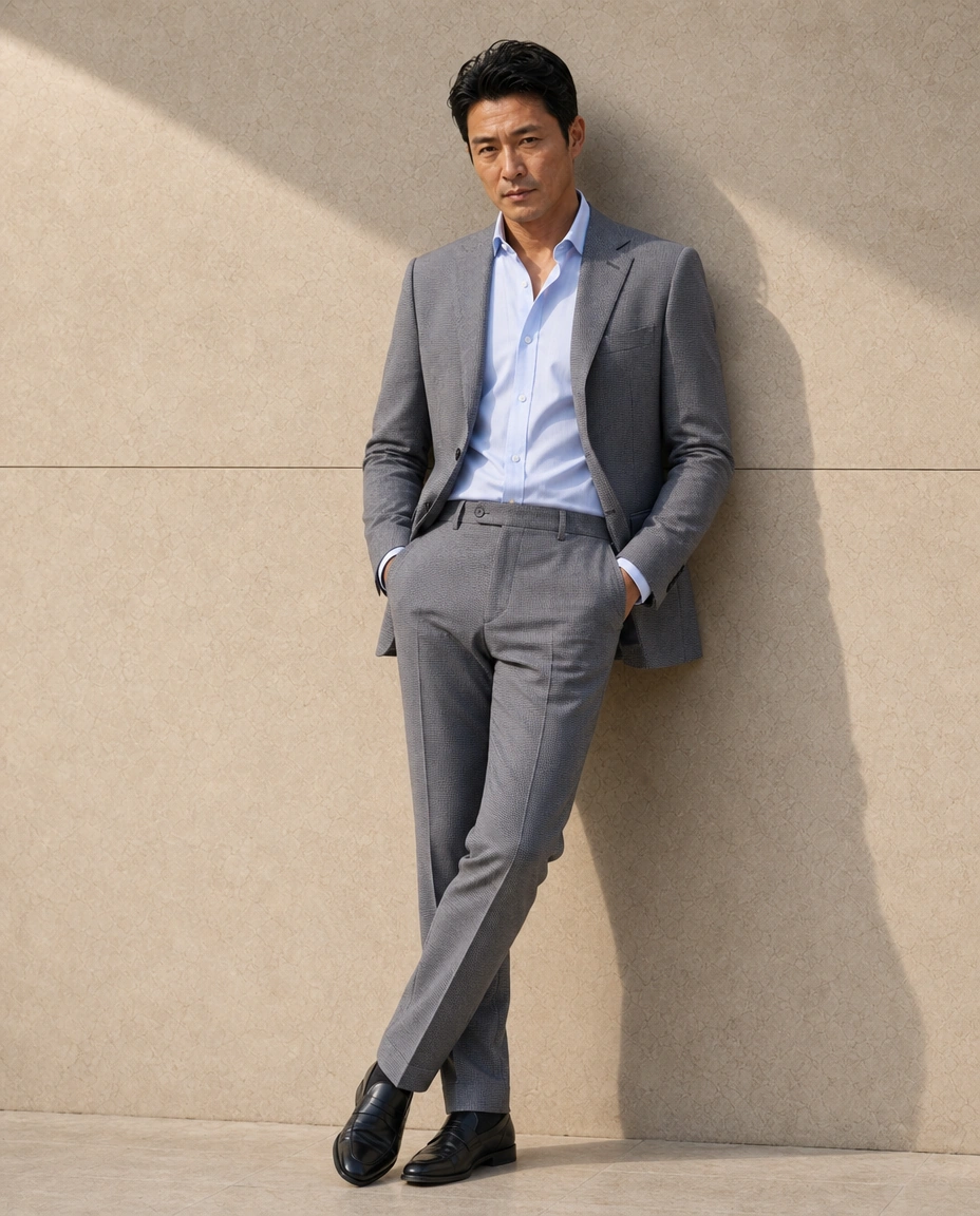 A model standing full length against a sunlit stone wall in a light taupe two-piece suit over an open-necked pale blue shirt