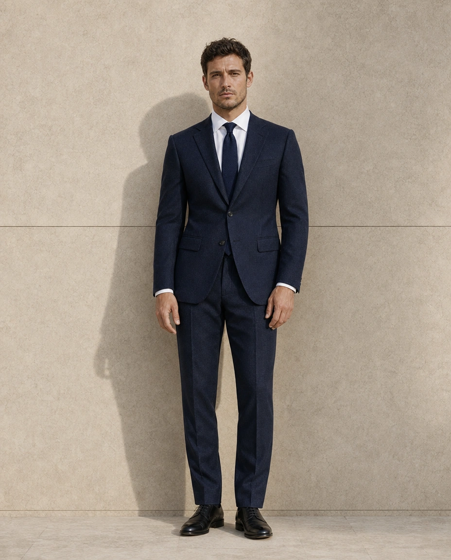 A model standing full length against a sunlit stone wall in a navy two-piece suit, a white shirt and a navy tie