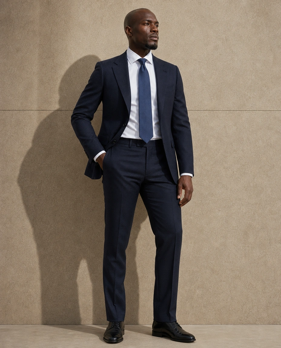 A model standing full length against a sunlit stone wall in a midnight navy two-piece suit, a white shirt and a navy tie