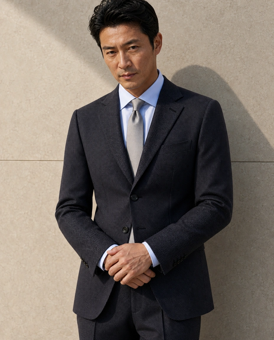 A model against a sunlit stone wall in a black two-piece suit, a pale blue shirt and a silver tie