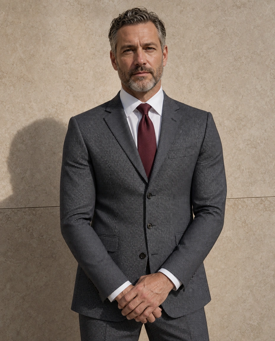 A model against a sunlit stone wall in a mid grey two-piece suit, a white shirt and a burgundy tie