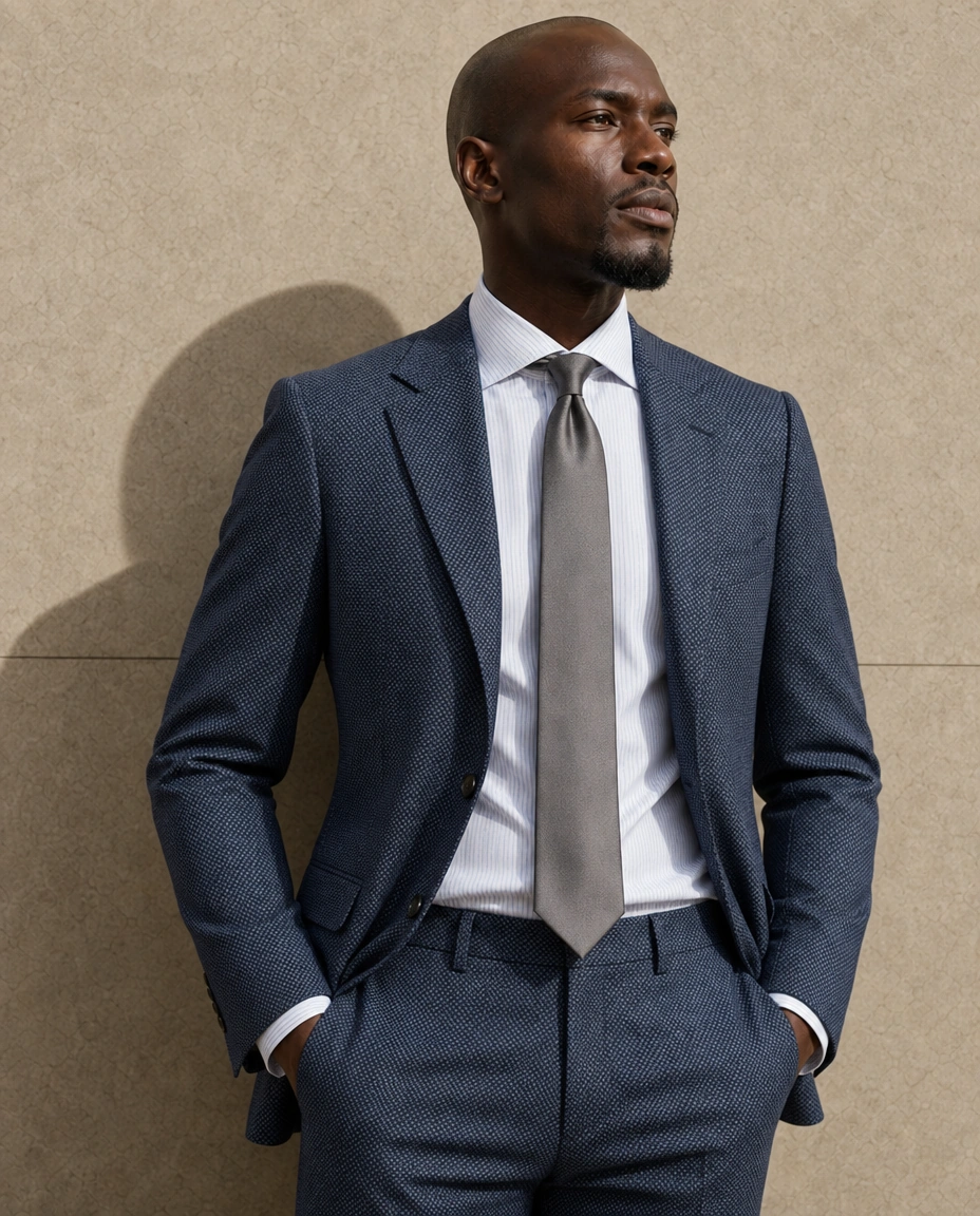 A model against a sunlit stone wall in an airforce blue two-piece suit, a white shirt and a taupe tie