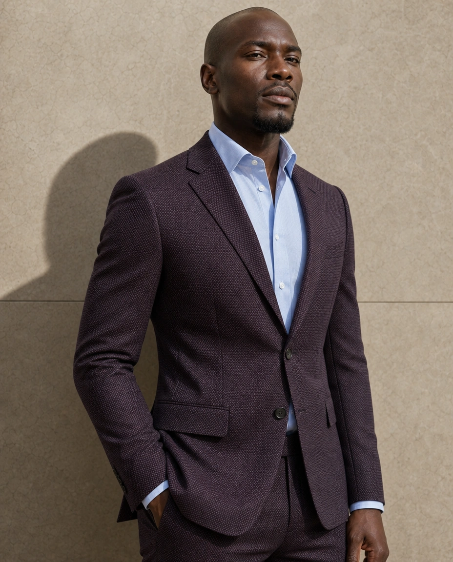 A model against a sunlit stone wall in an oxblood two-piece suit over an open-necked pale blue shirt