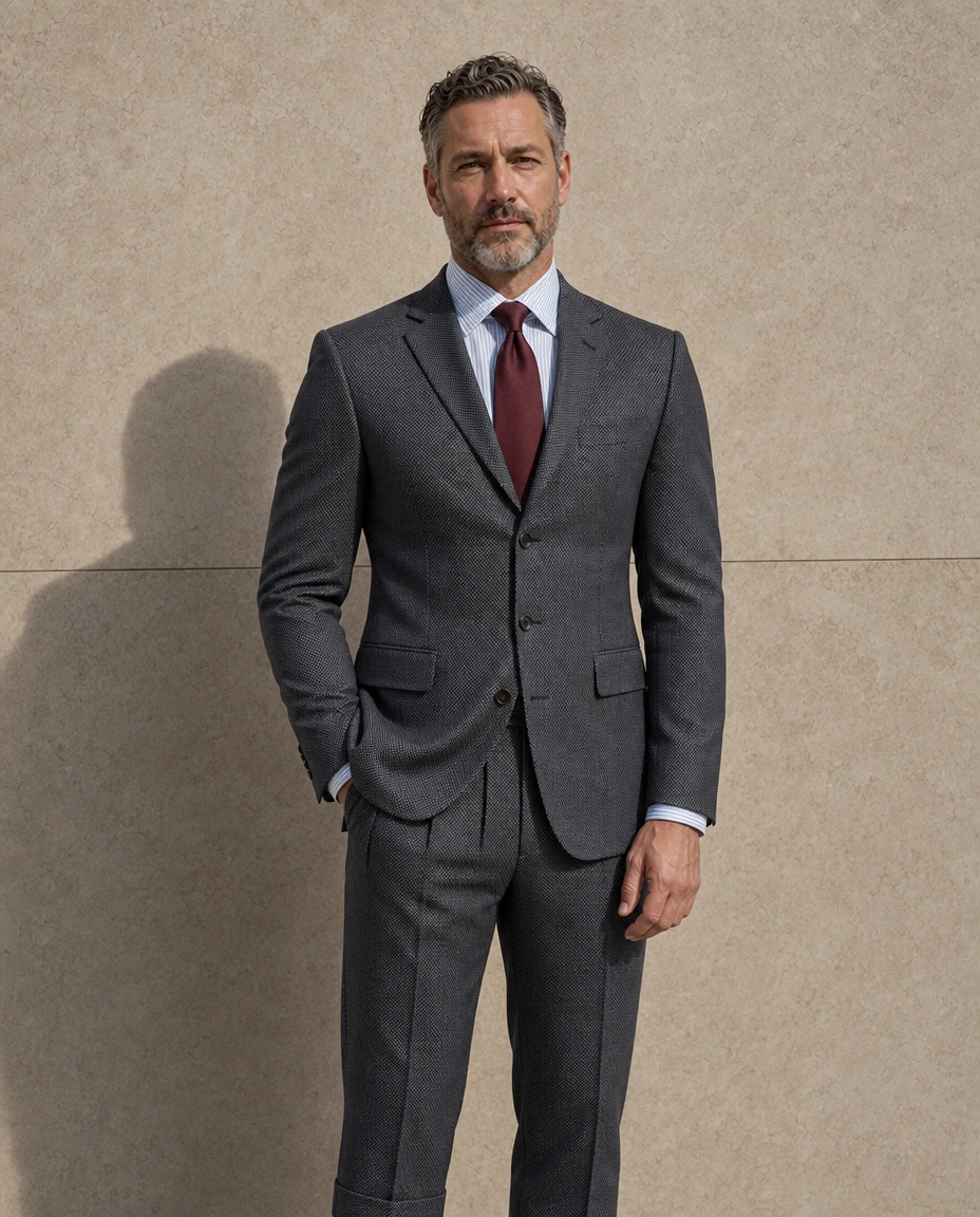 A model standing full length against a sunlit stone wall in a dark grey two-piece suit, a pale blue shirt and a burgundy tie