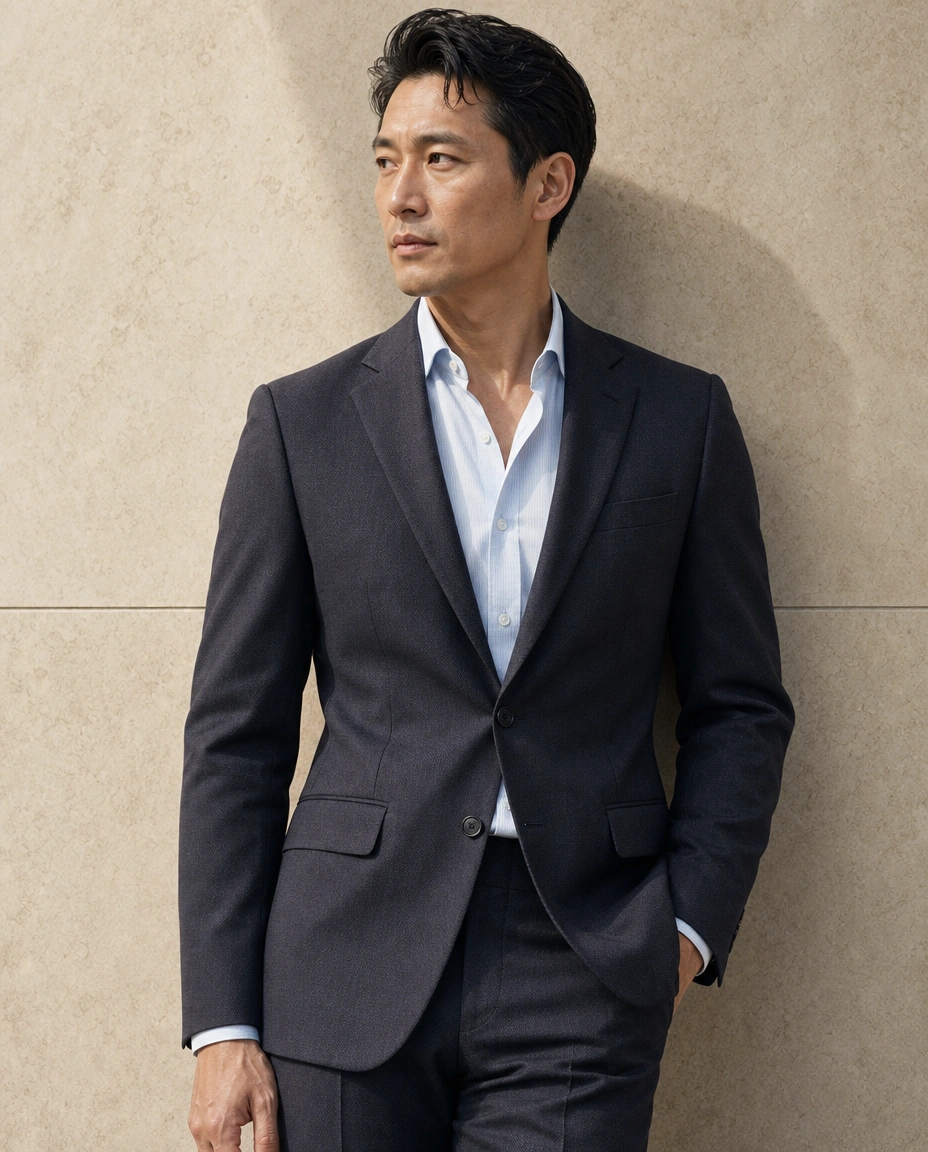 A model against a sunlit stone wall in a charcoal two-piece suit over an open-necked pale blue shirt