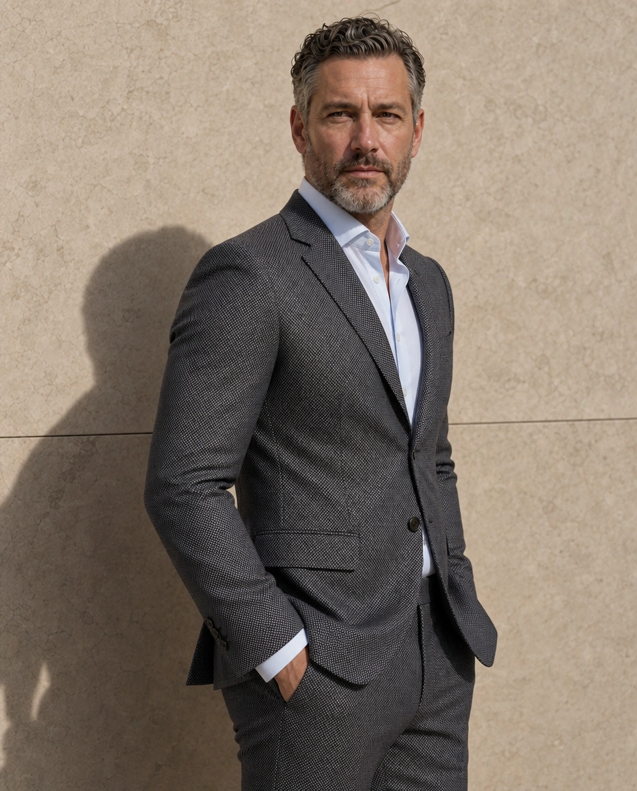 A model against a sunlit stone wall in a light taupe two-piece suit over an open-necked pale blue shirt