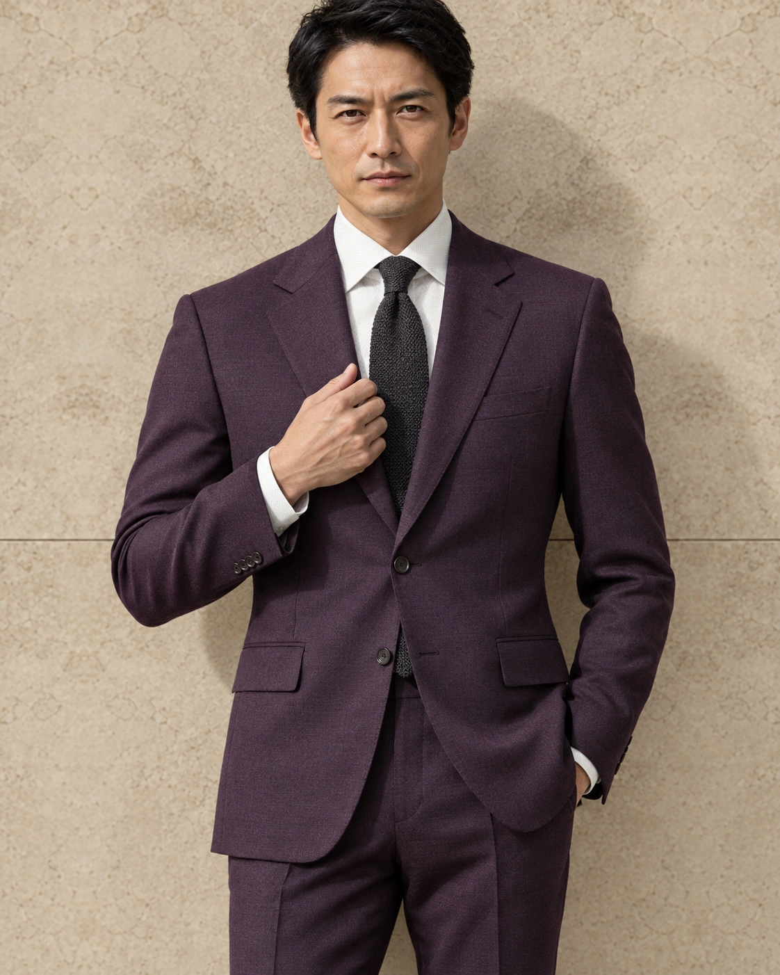 A model against a sunlit stone wall in an aubergine two-piece suit, a white shirt and a dark knitted tie