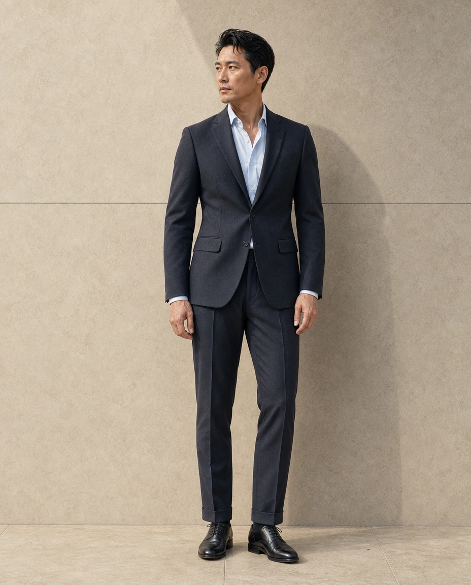 A model standing full length against a sunlit stone wall in a charcoal two-piece suit over an open-necked pale blue shirt