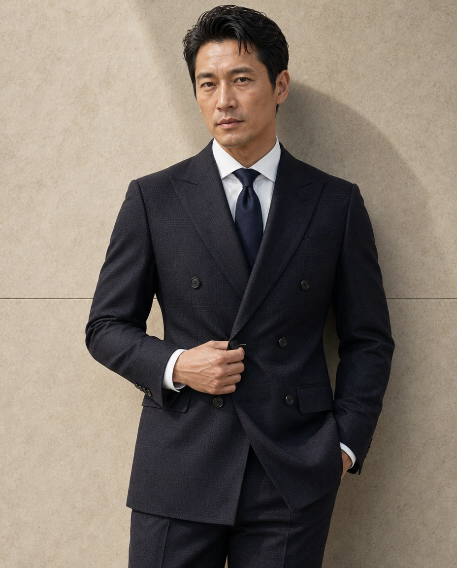A model adjusting a lapel against a sunlit stone wall in a dark aubergine checked double-breasted two-piece suit, a cream shirt and a navy tie