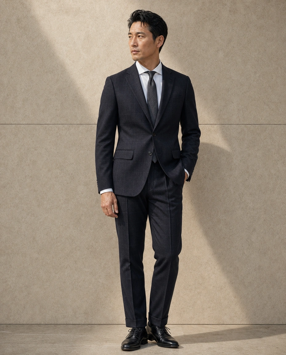A model standing full length against a sunlit stone wall in a black checked two-piece suit, a white shirt and a grey tie