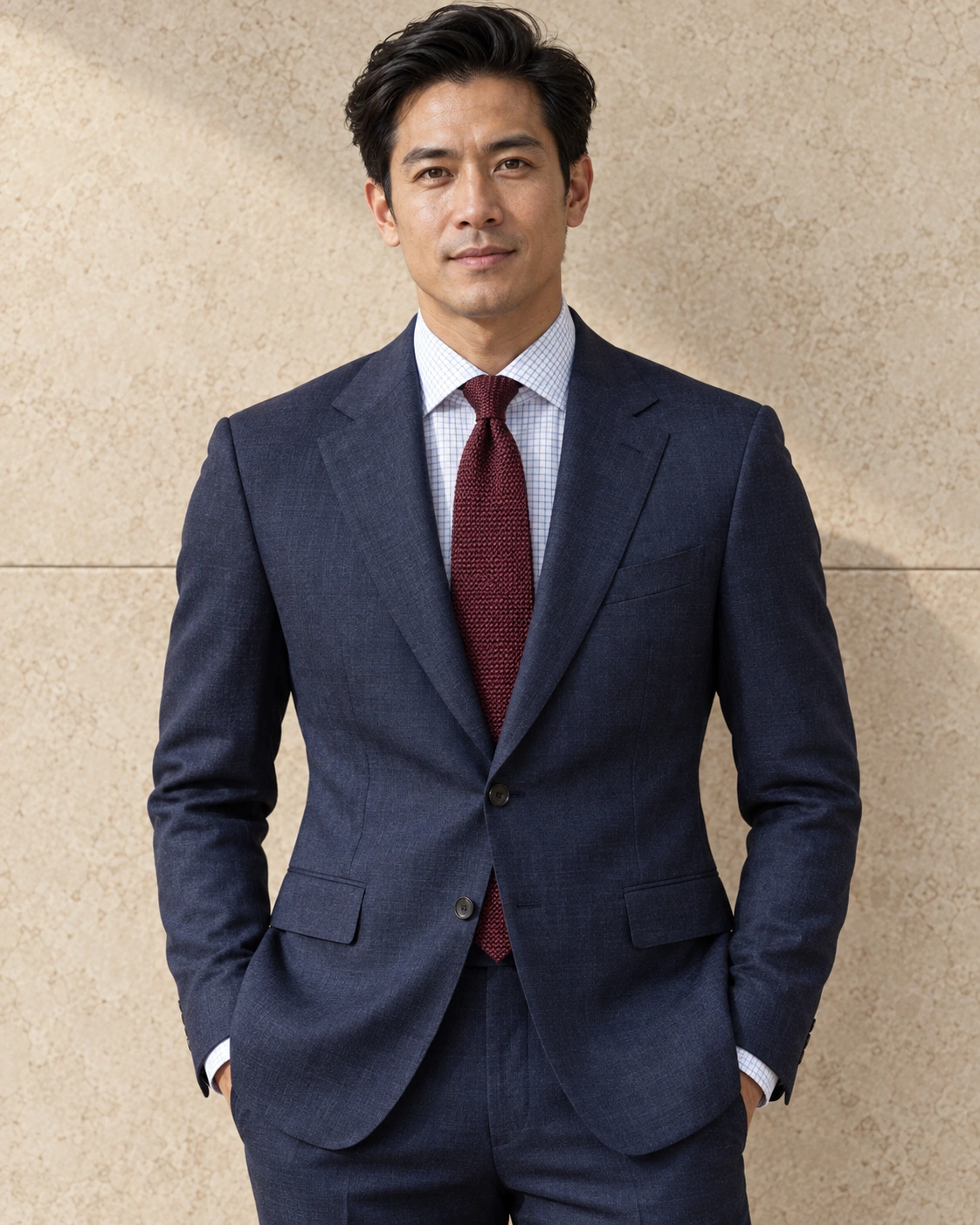 A model against a sunlit stone wall in an ink navy two-piece suit, a light blue check shirt and a burgundy knitted tie