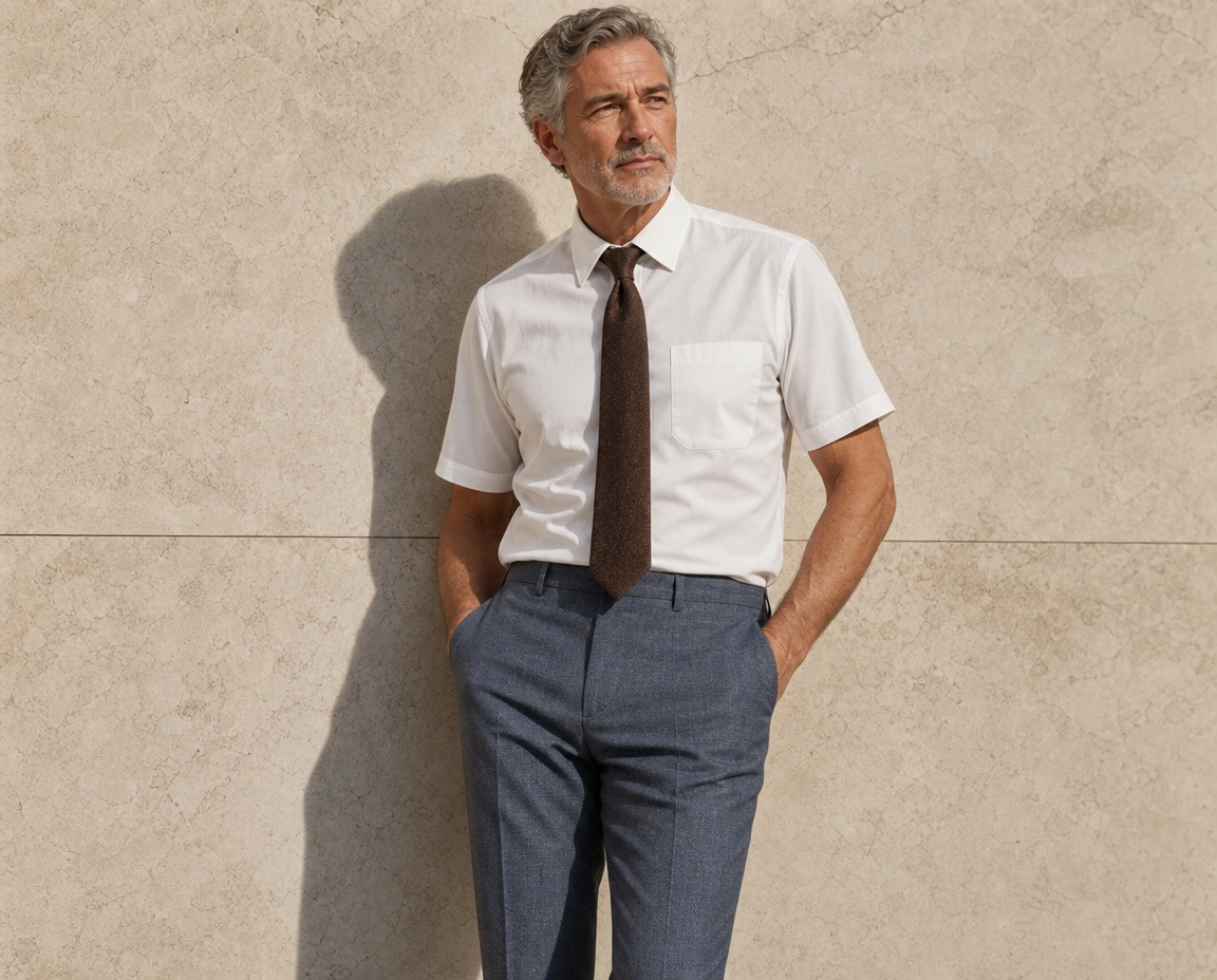 A model against a sunlit stone wall in a white short-sleeved shirt, a brown knitted tie and slate blue trousers