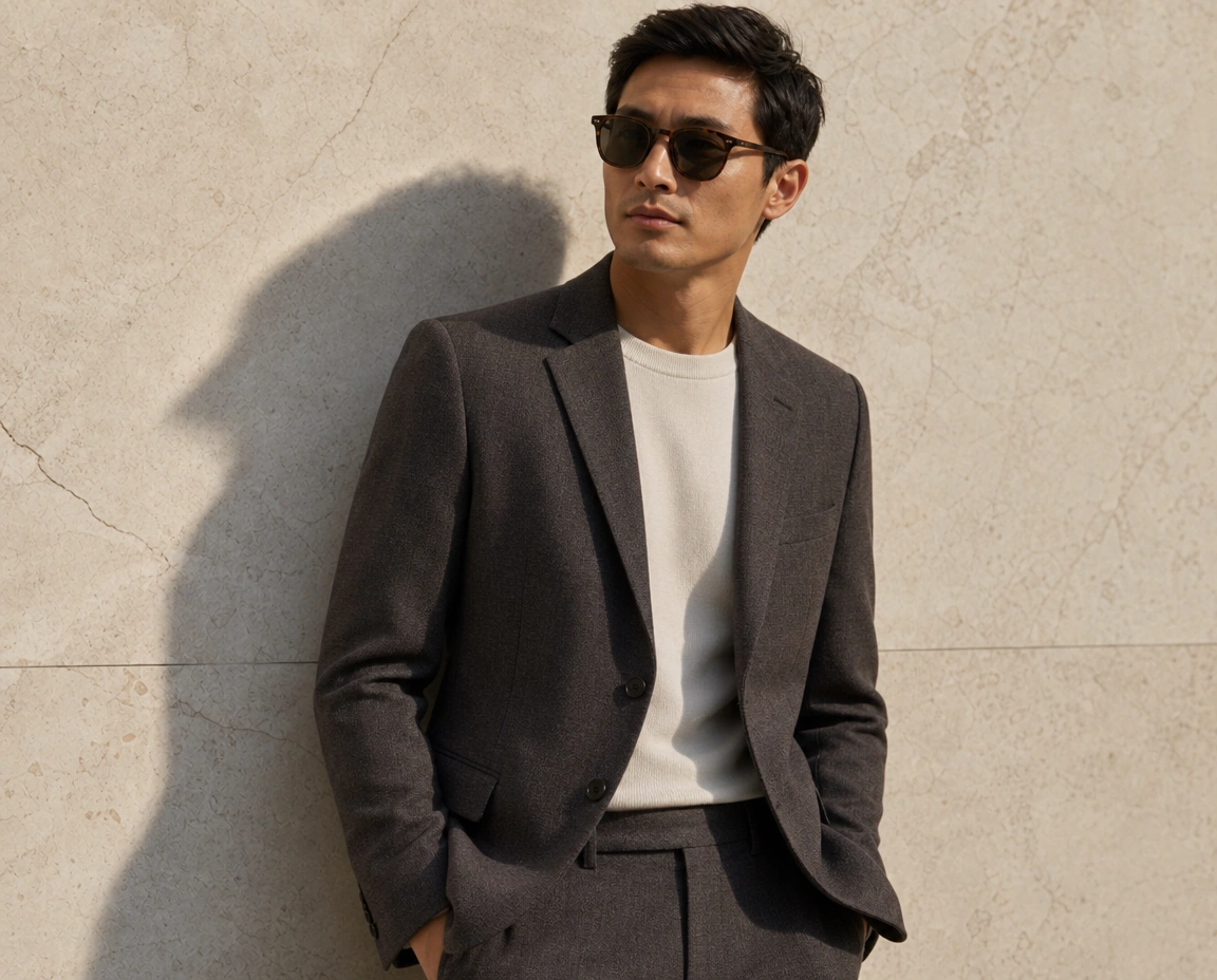 A model against a sunlit stone wall in a dark taupe two-piece suit over a cream crewneck
