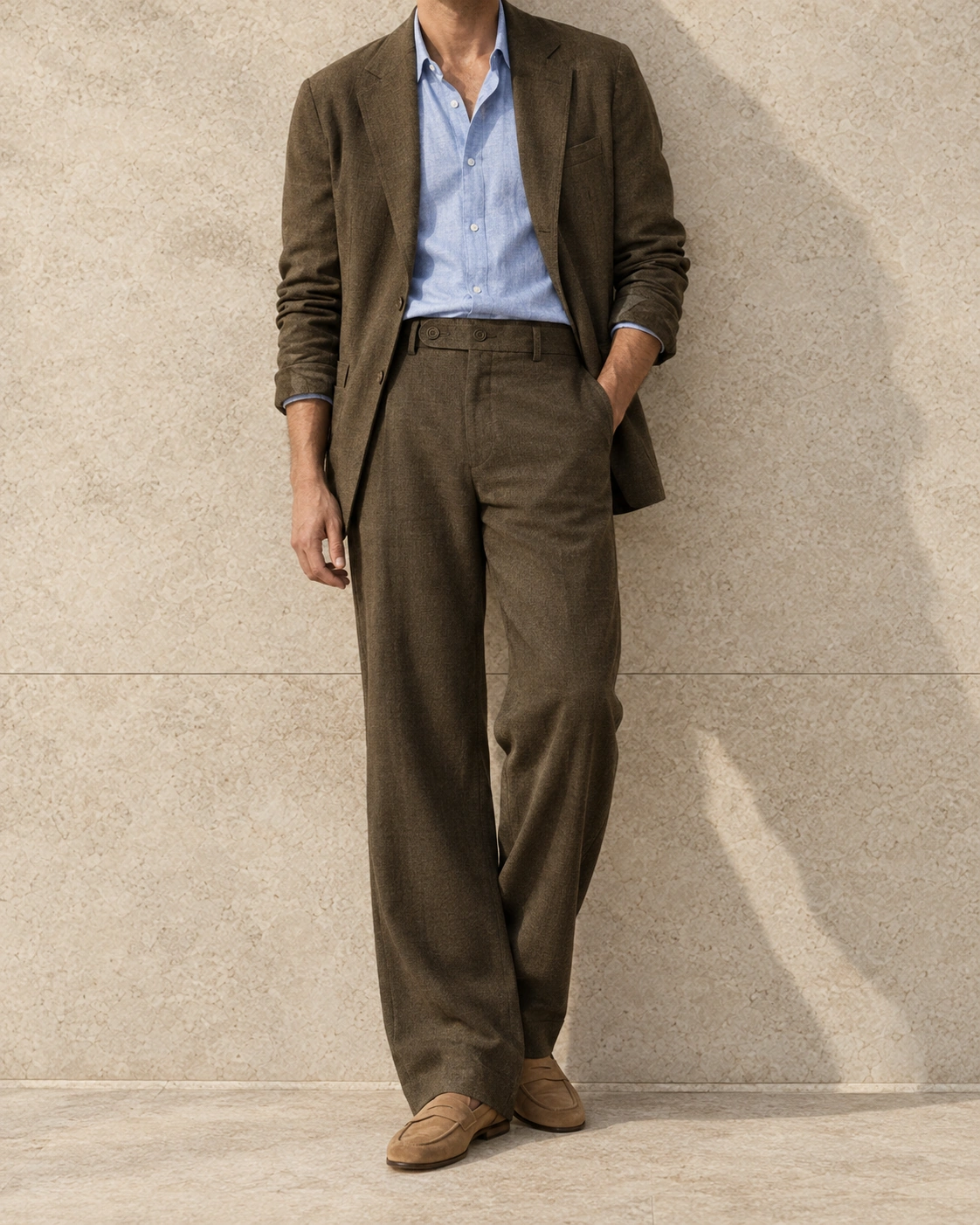 A model against a sunlit stone wall in khaki wide-legged trousers and a matching jacket worn open over a pale blue shirt, the waistband an extended tab with two buttons