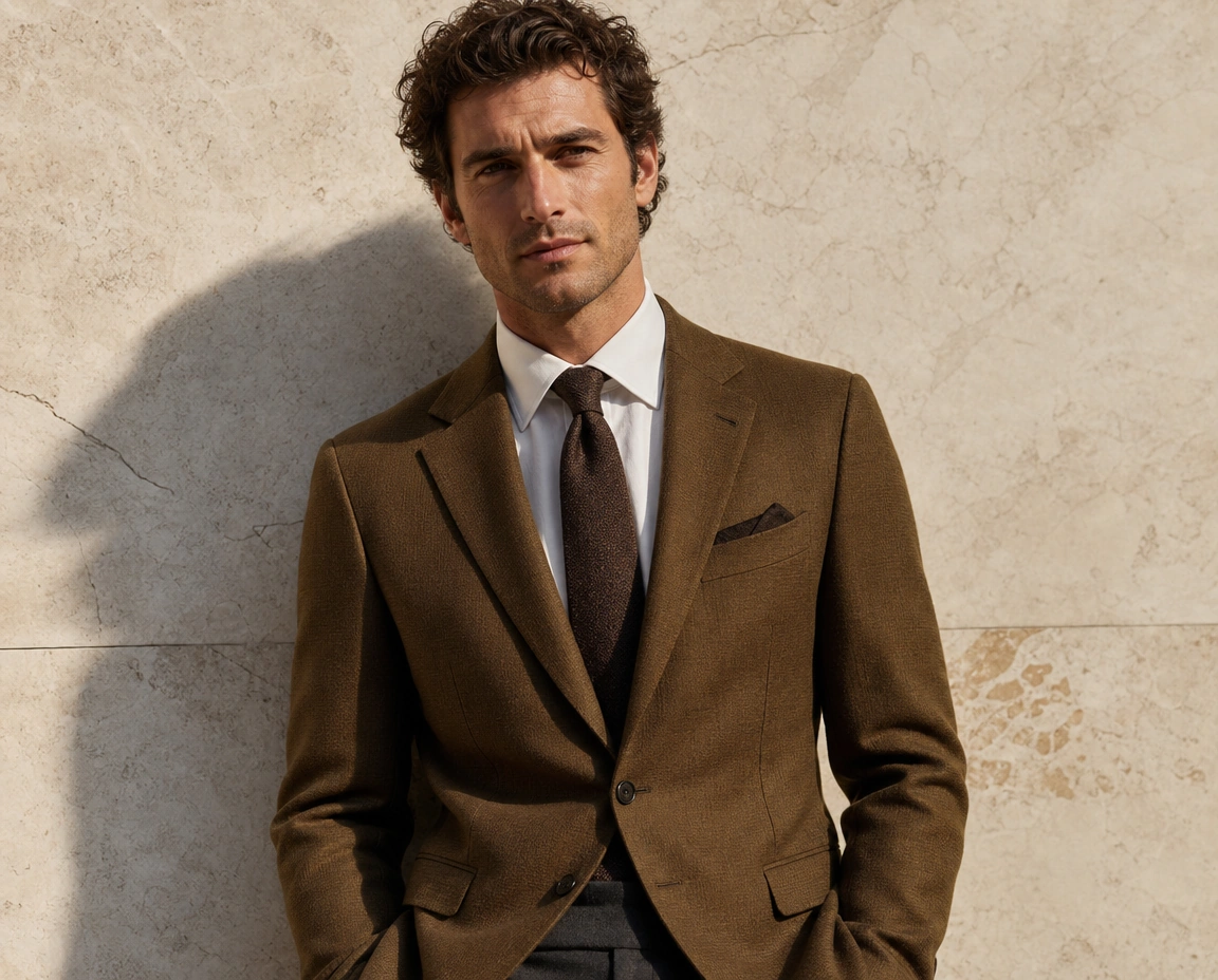 A model against a sunlit stone wall in a khaki jacket, a white shirt and a brown knitted tie